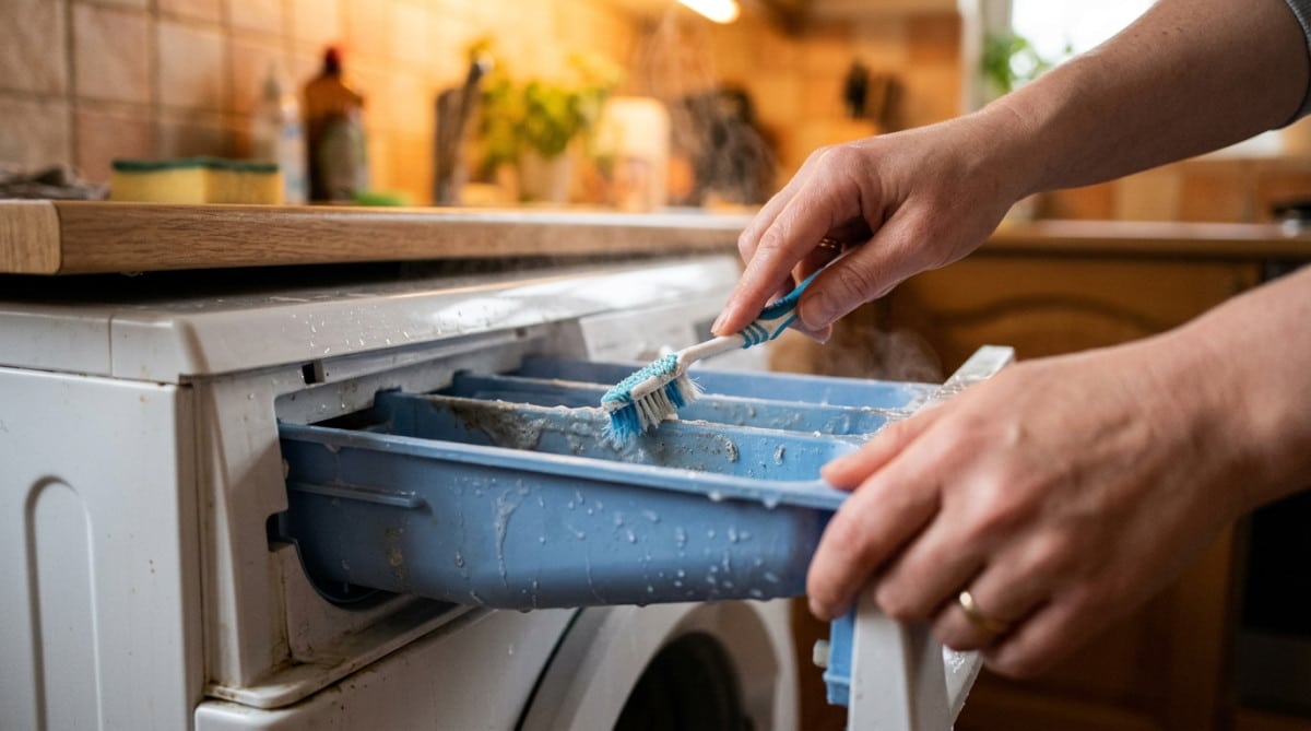 Nettoyage du tiroir à lessive avec une brosse à dents