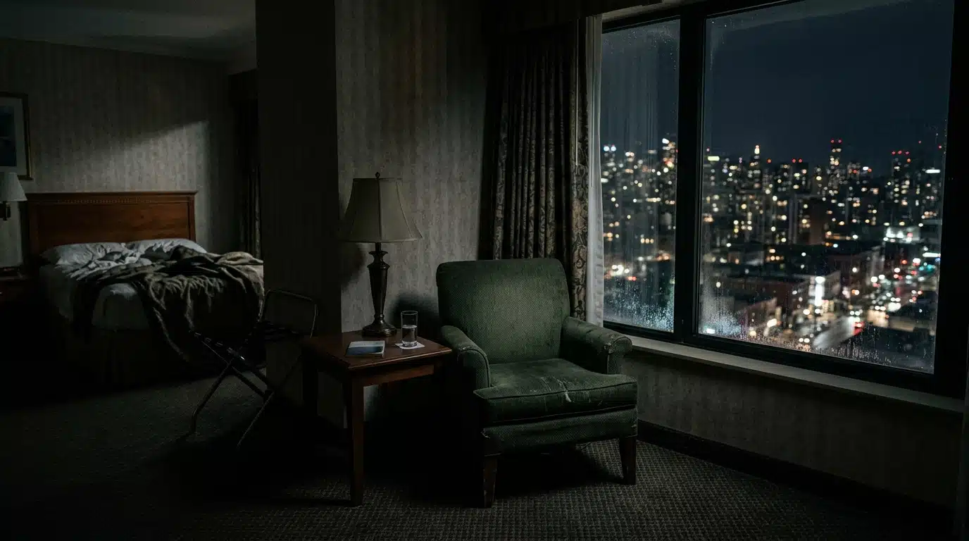 Chambre d'hôtel sombre et silencieuse la nuit