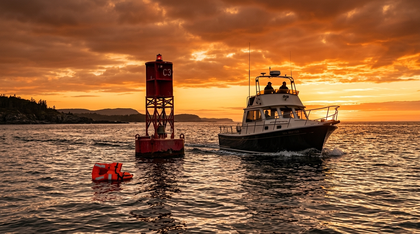 Bateau près d'une balise de chenal au coucher du soleil