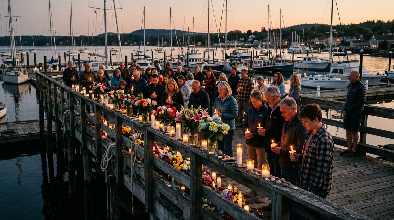 Hommage floral près d'un ponton en bord de mer