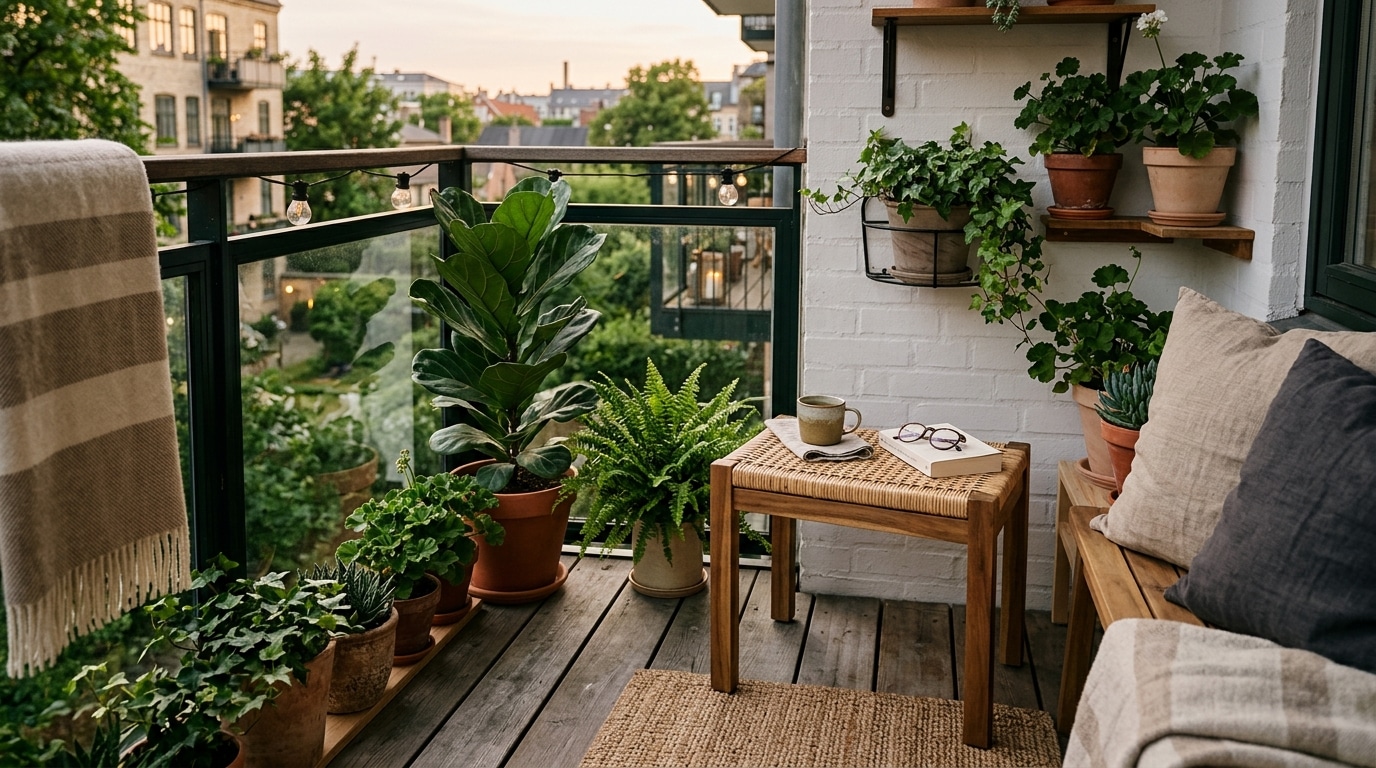 Tabouret en bois tressé sur un balcon fleuri ensoleillé