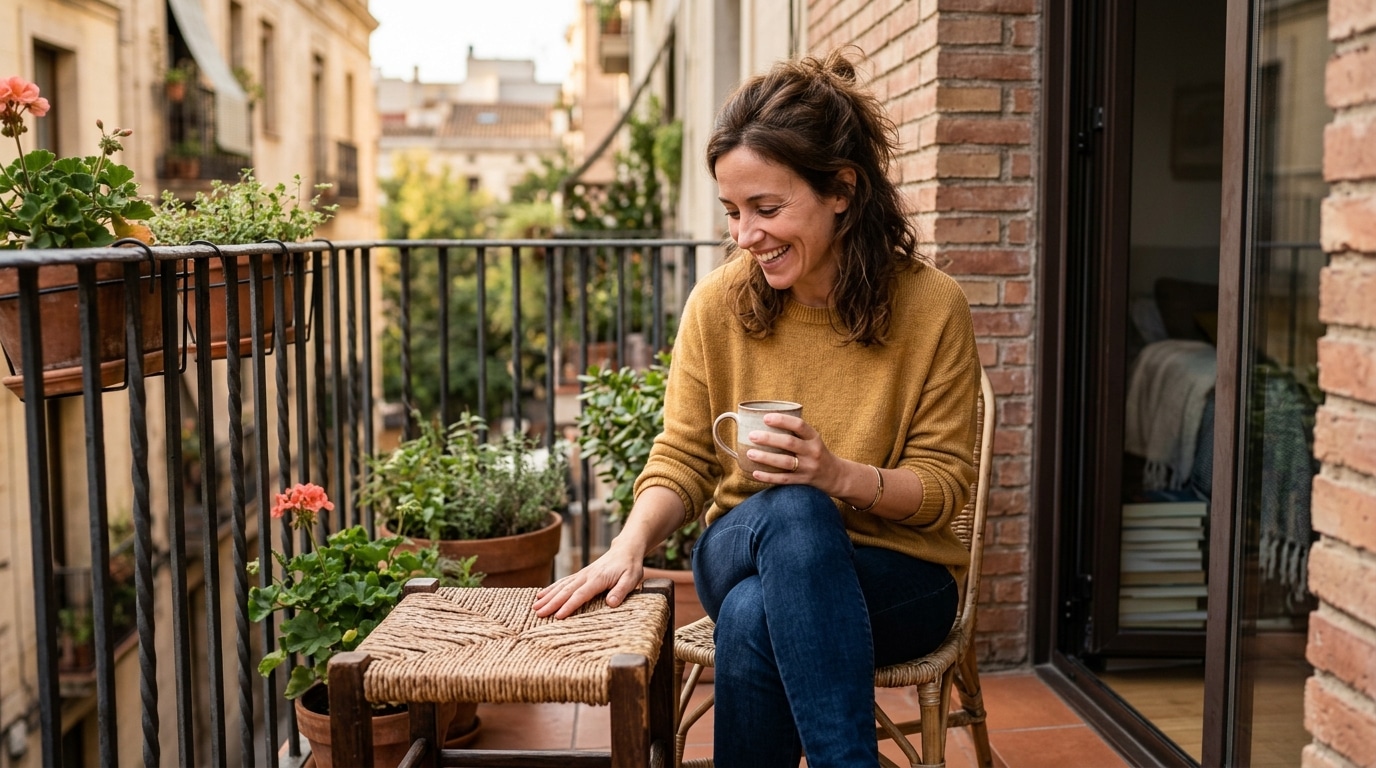 Femme souriante assise près d'un tabouret tressé
