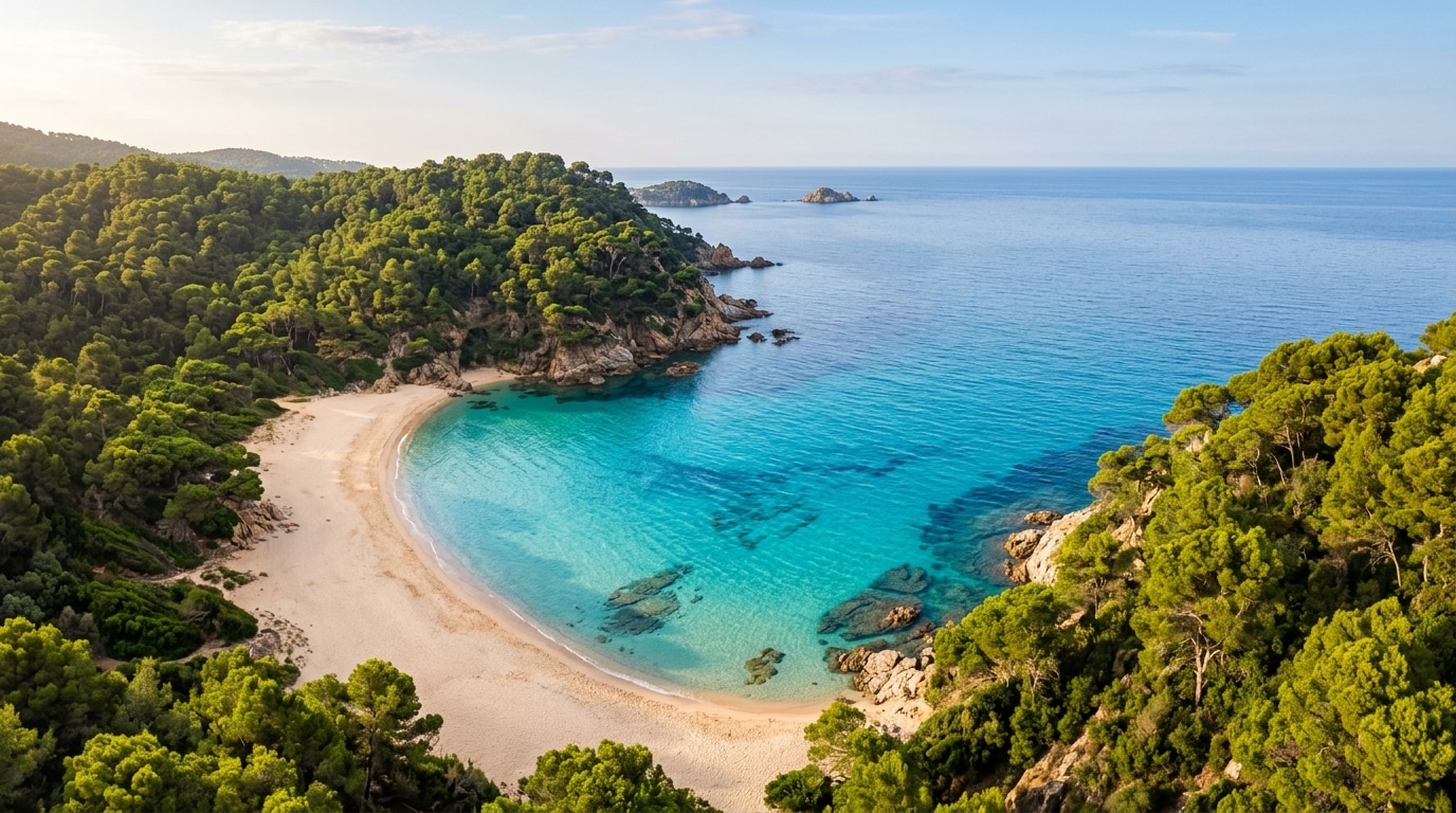 Crique turquoise entourée de pins méditerranéens vue du dessus
