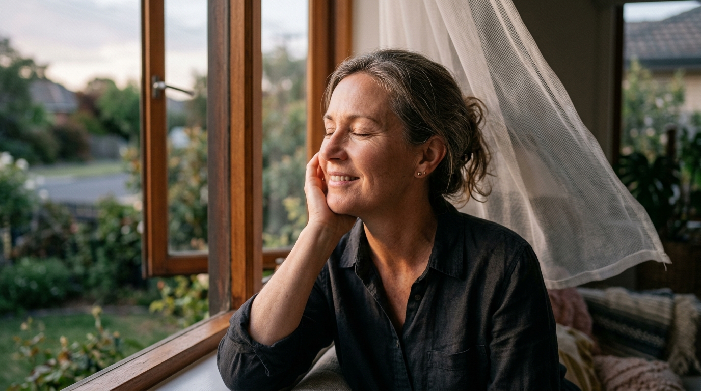 Personne souriante détendue près d'une fenêtre le soir