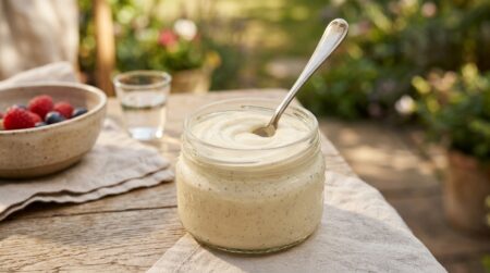 Pot de crème vanille avec cuillère et gousse