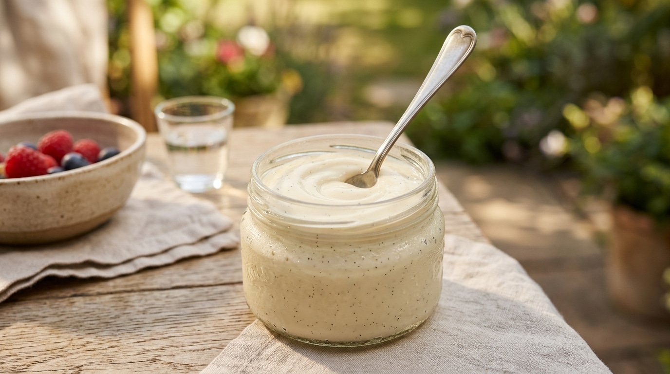 Pot de crème vanille avec cuillère et gousse