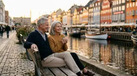Couple de retraités souriant au bord d'un canal danois