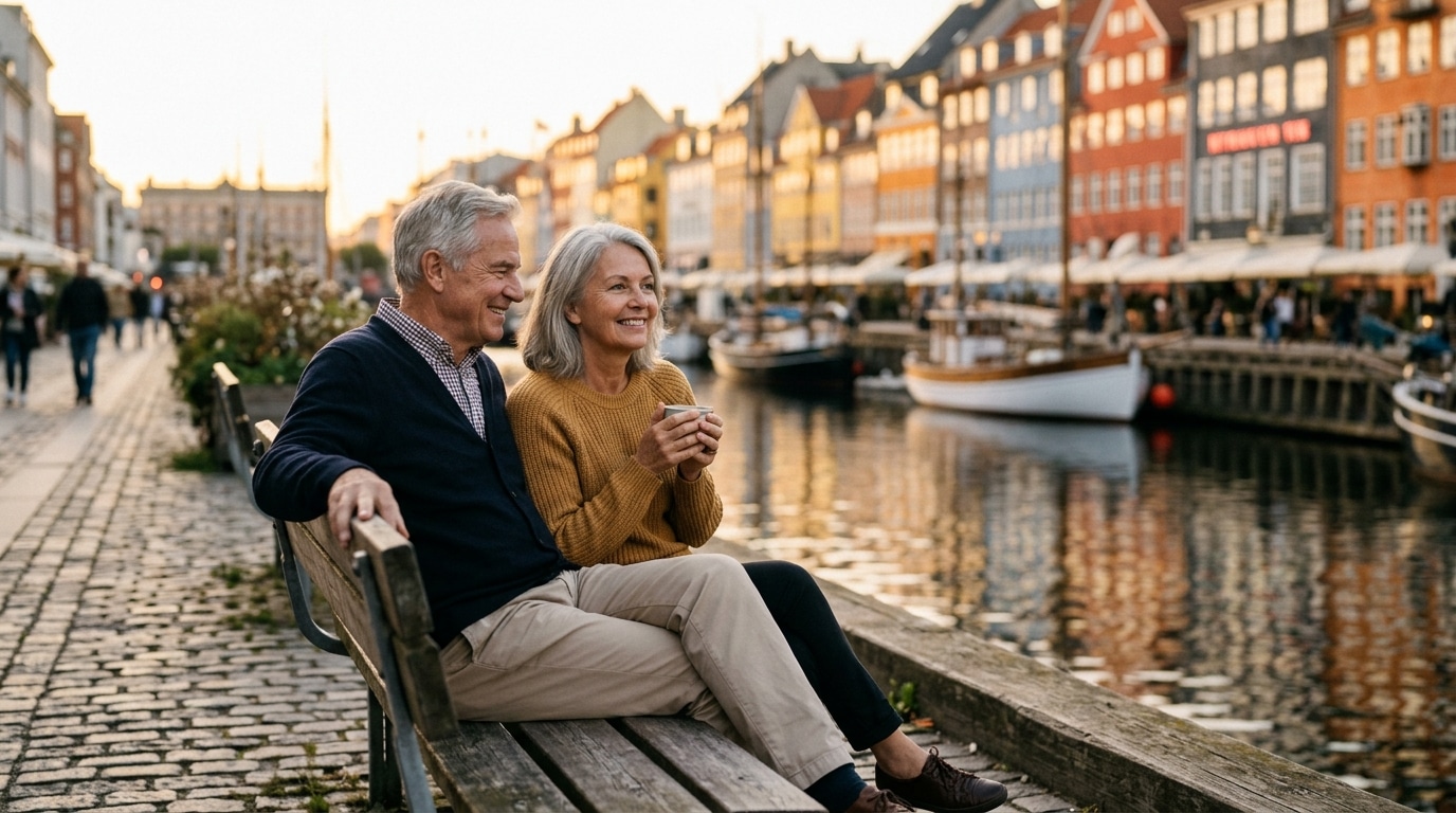 Couple de retraités souriant au bord d'un canal danois