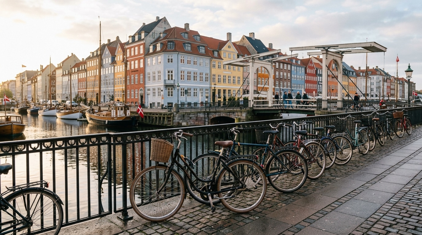 Vélos garés le long des maisons colorées de Copenhague