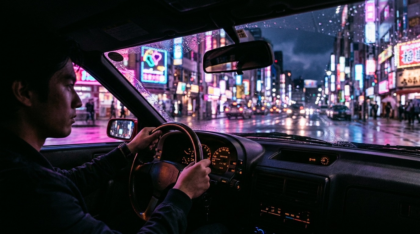 Scène de conduite nocturne inspirée de l'esthétique du film Drive