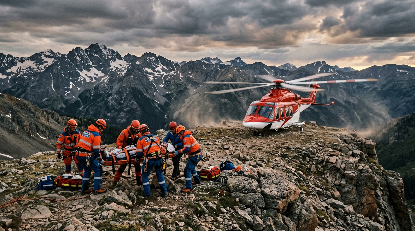 Hélicoptère de secours sur un plateau montagneux rocheux