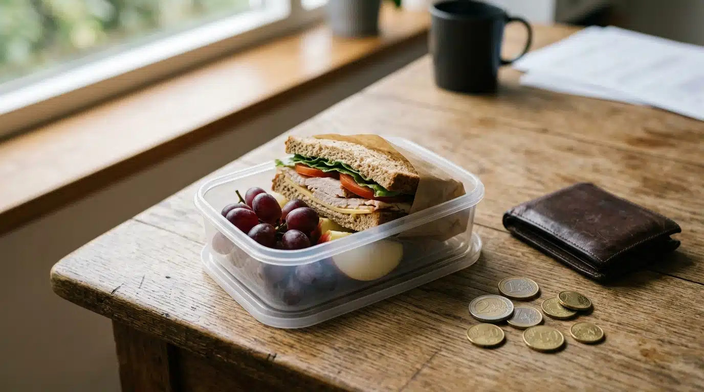 Boîte à repas maison posée à côté de pièces de monnaie