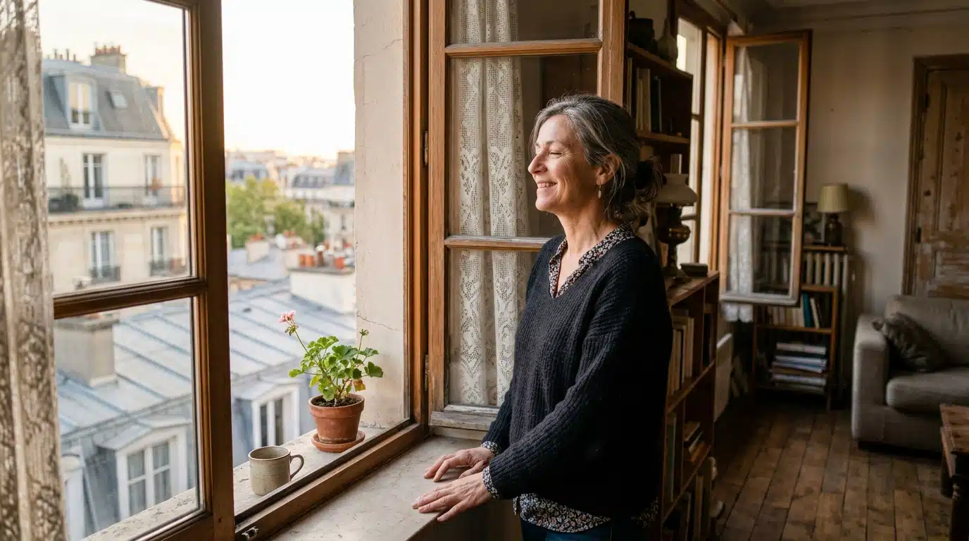 Femme ouvrant la fenêtre tôt le matin pour aérer
