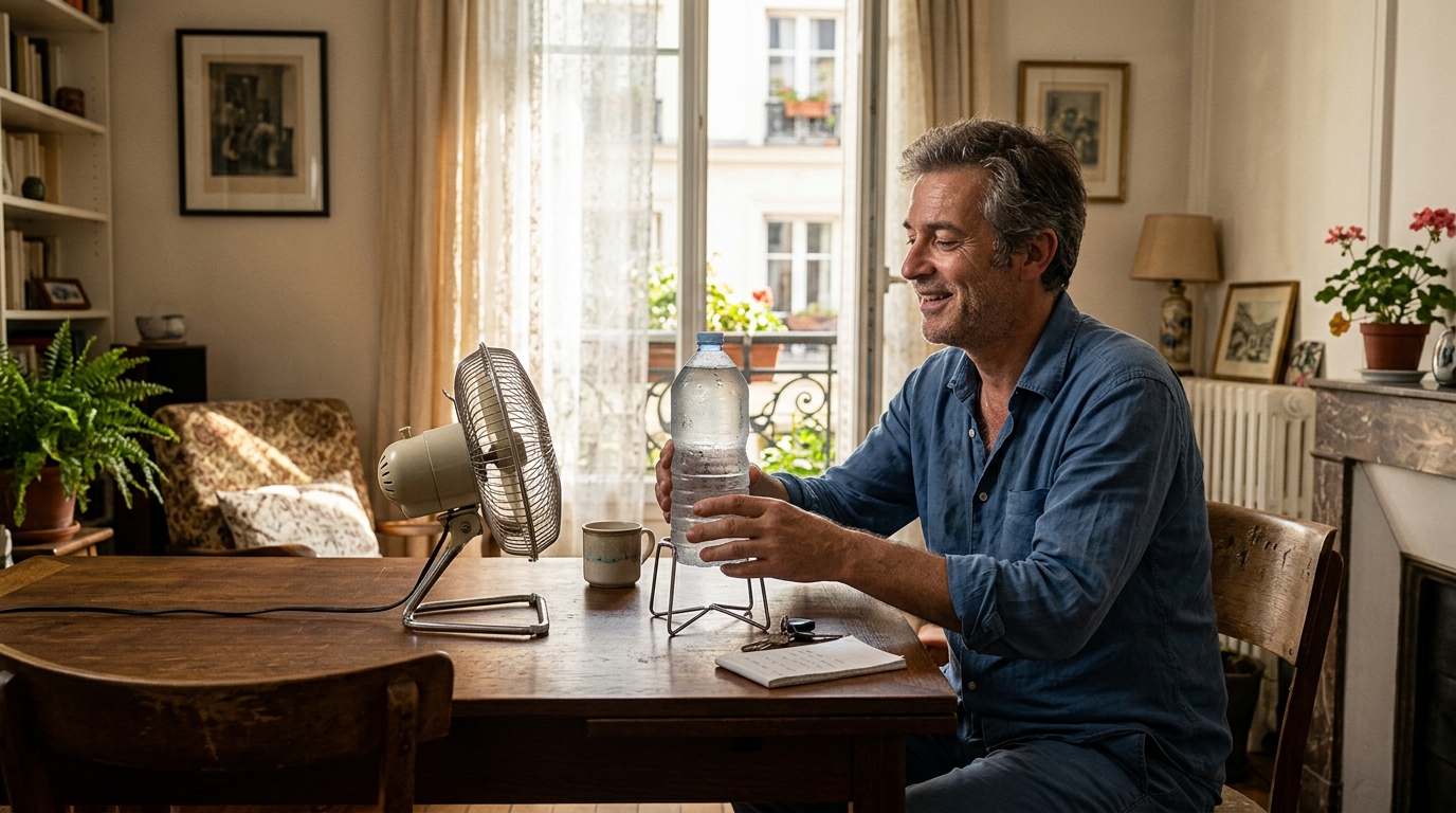 Homme installant une bouteille glacée devant un ventilateur