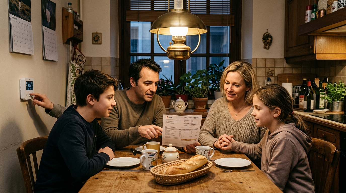 Famille française vérifiant la facture d'électricité en cuisine