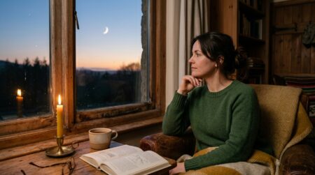 Femme contemplant la lune à la fenêtre au lever du jour