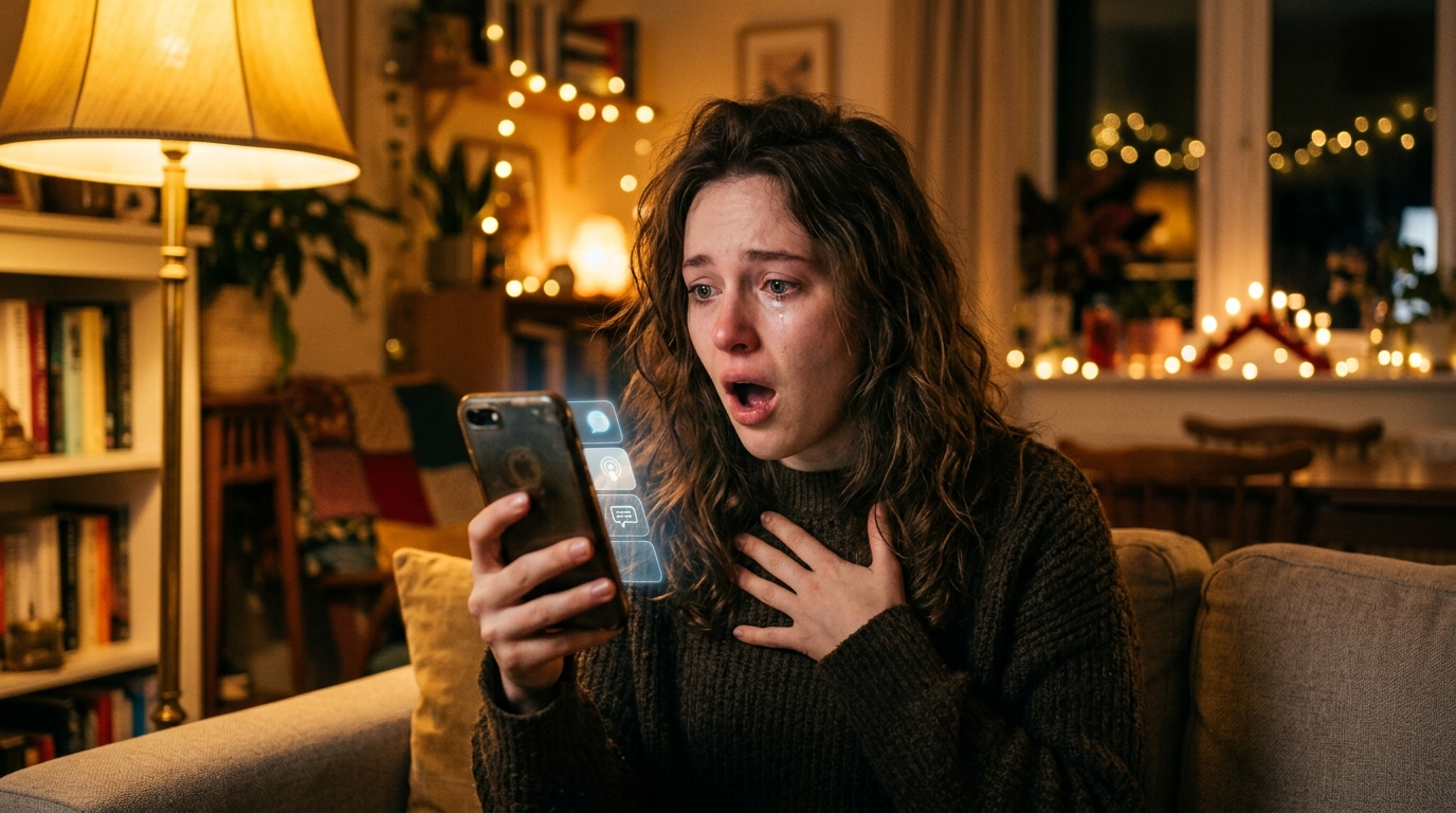 Femme émue recevant un message inattendu la nuit