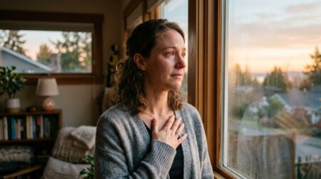 Femme pensive au lever du jour près d'une fenêtre