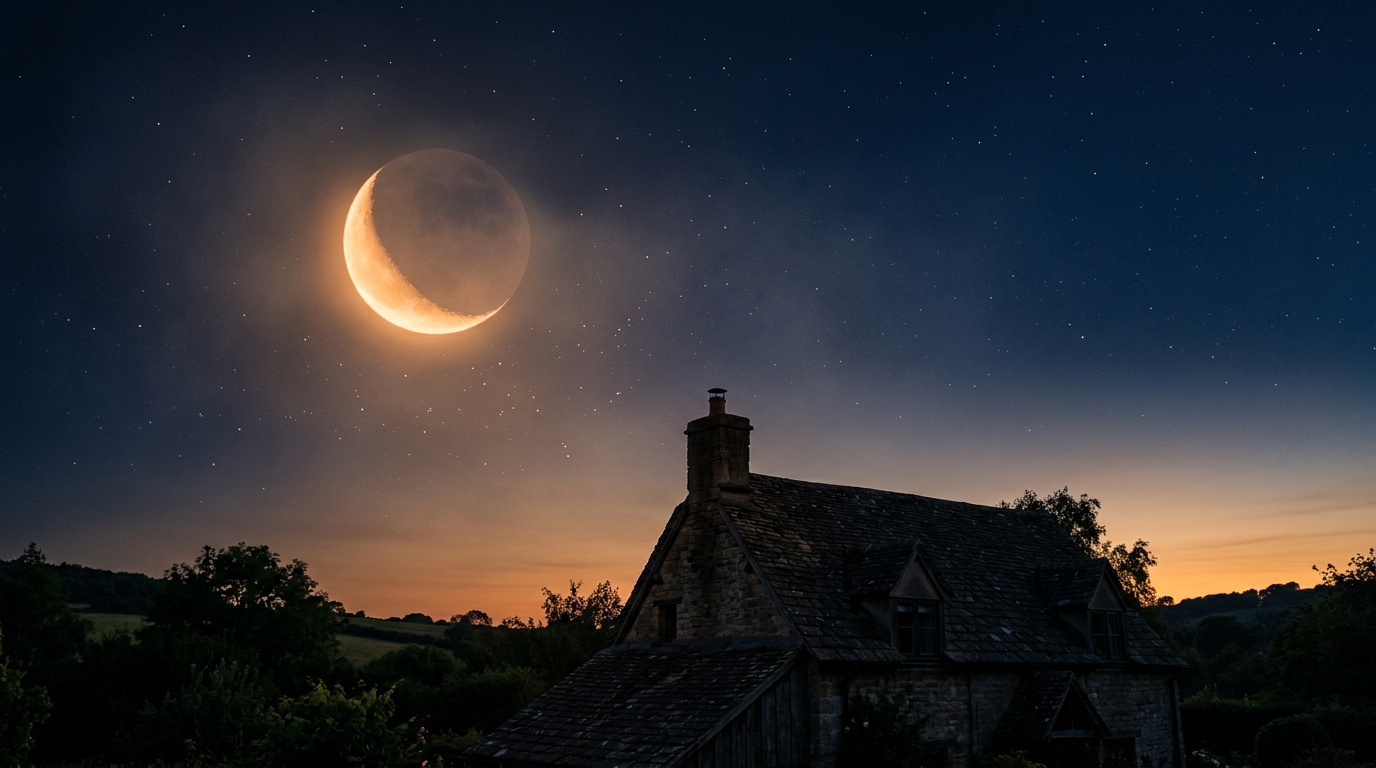 Nouvelle lune et ciel nocturne au-dessus d'une maison