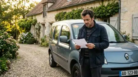 Automobiliste inquiet devant sa voiture avec un document