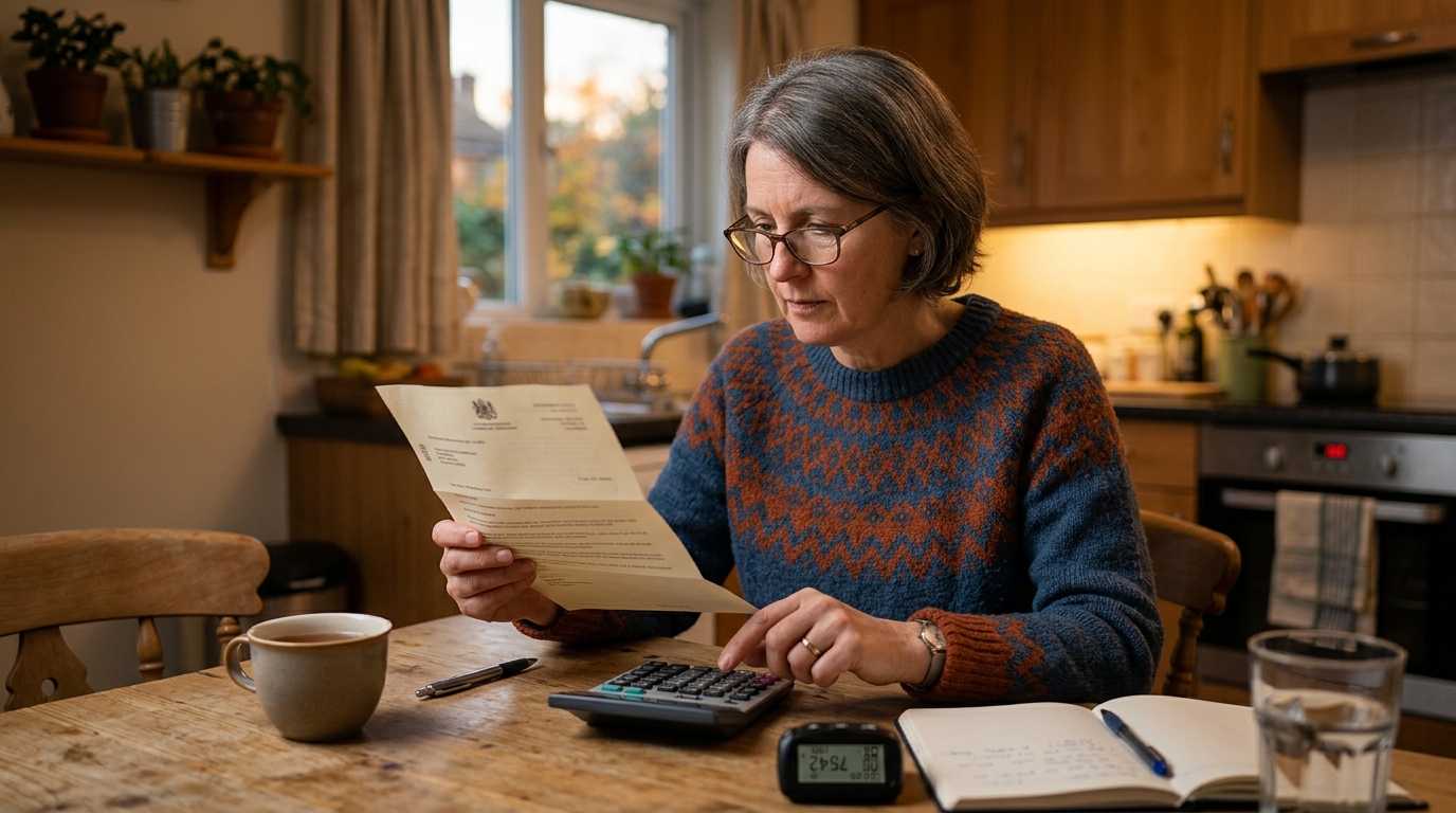 Femme vérifiant une lettre administrative à sa table
