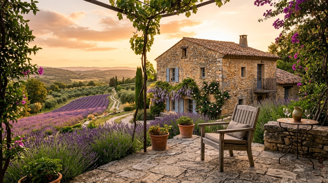 Maison en pierre de Provence avec terrasse ensoleillée et champs de lavande
