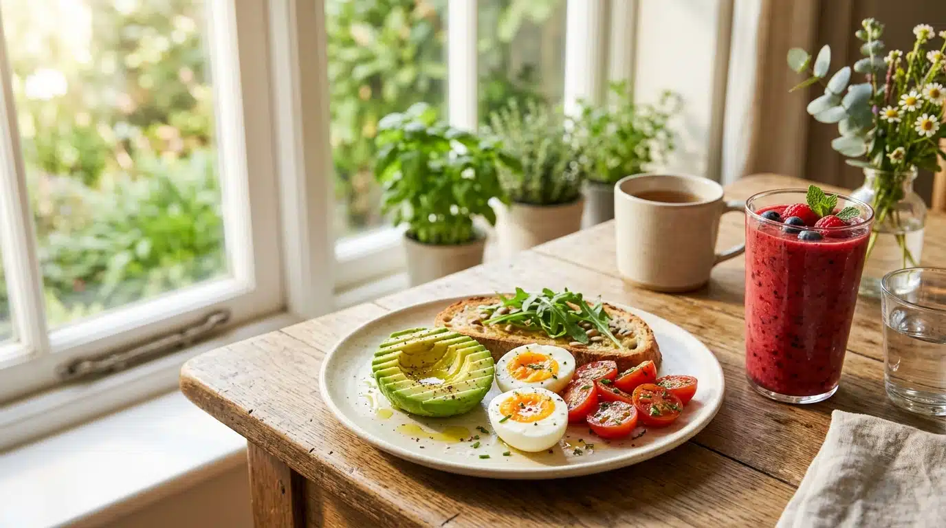 Assiette de petit-déjeuner équilibré avec avocat et œufs