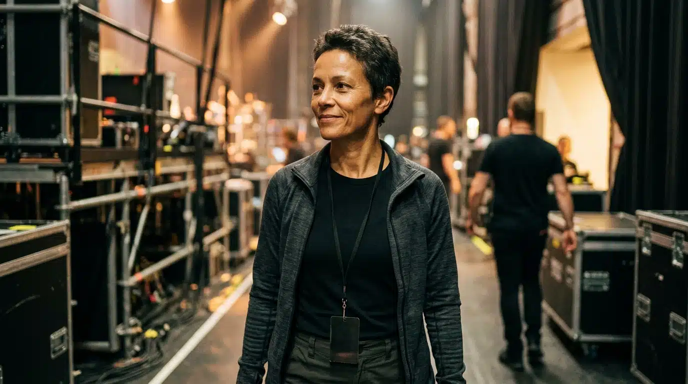 Femme souriante en coulisses avant un concert