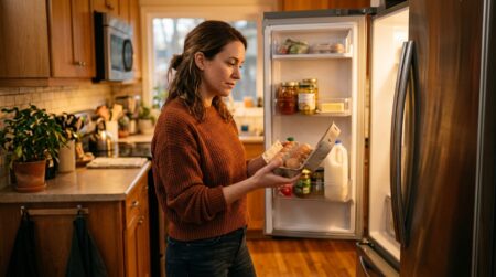 Femme qui range des œufs dans le frigo