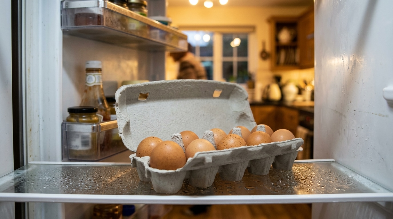 Boîte d'œufs posée dans la porte du frigo