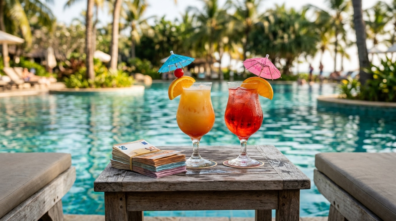 Cocktails et billets en euros au bord d'une piscine