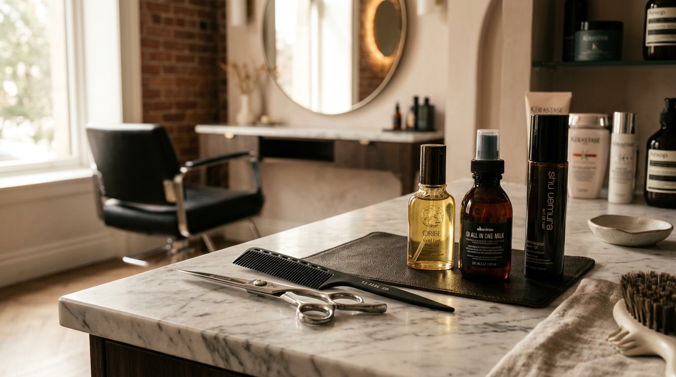 Salon de coiffure élégant avec ciseaux et peigne sur un comptoir en marbre