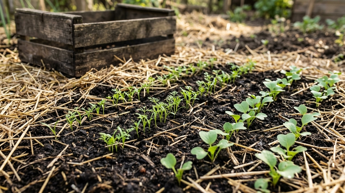 Jeunes pousses de carottes sous paillis de paille