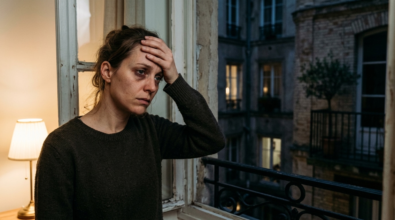Homme épuisé à la fenêtre en pleine nuit urbaine