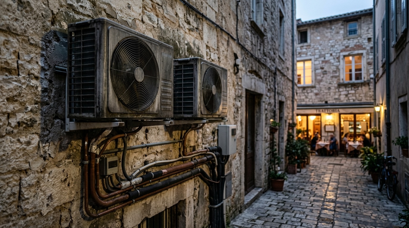 Climatiseurs fixés sur façade dans cour intérieure
