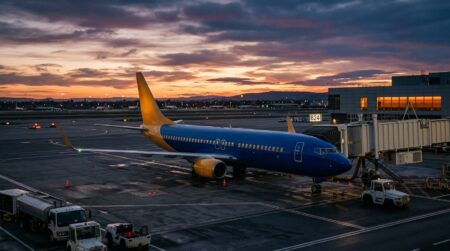 Avion jaune et bleu stationné sur tarmac au crépuscule