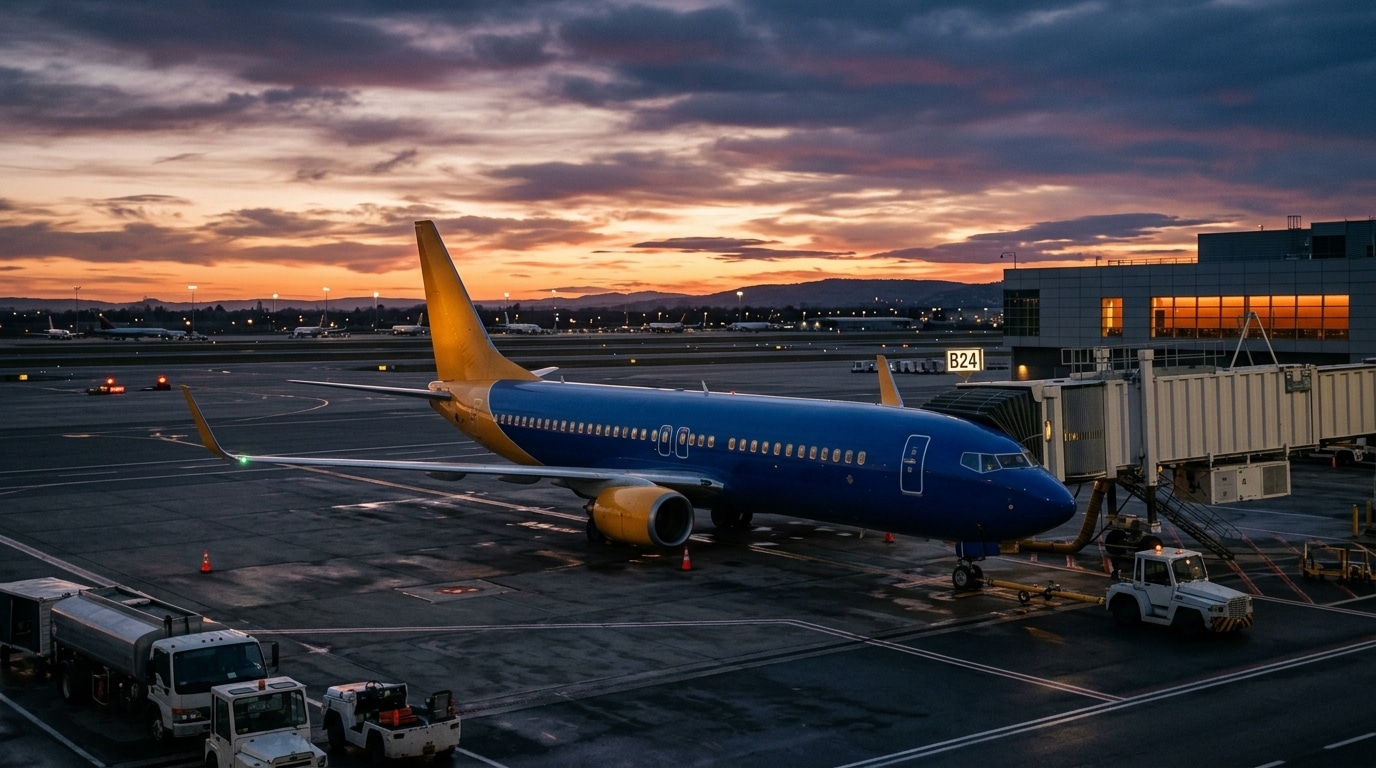 Avion jaune et bleu stationné sur tarmac au crépuscule