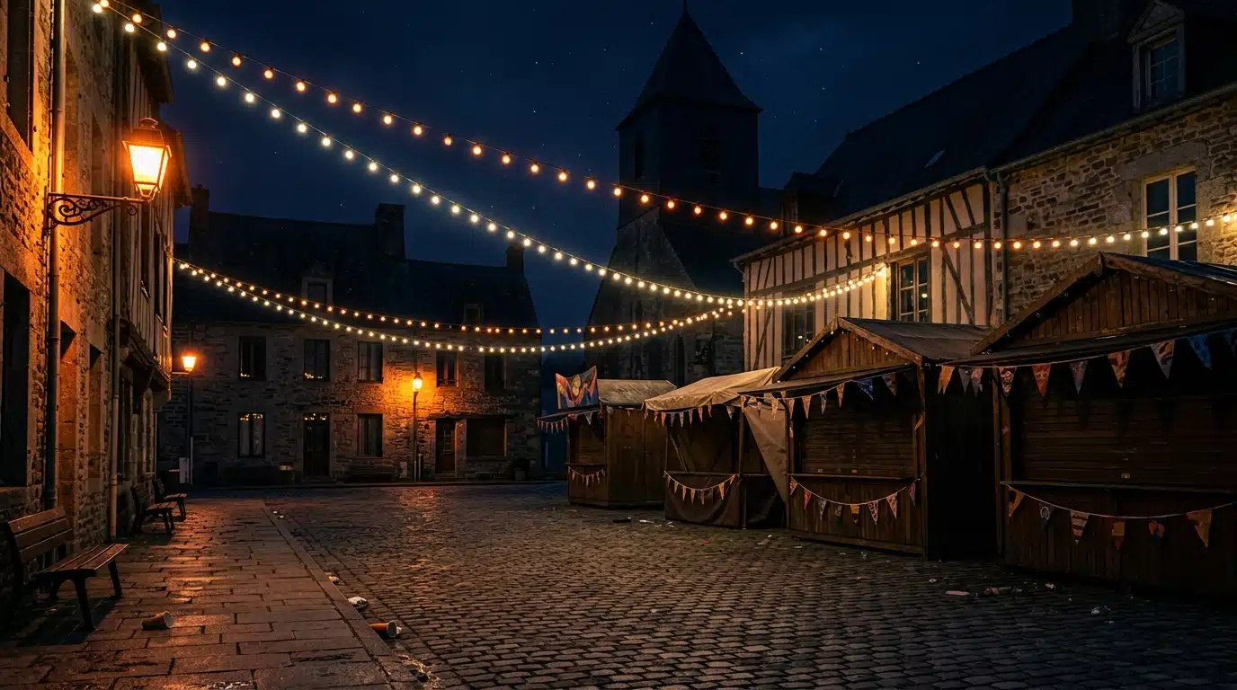 Place de village vide après la fête, ambiance nocturne
