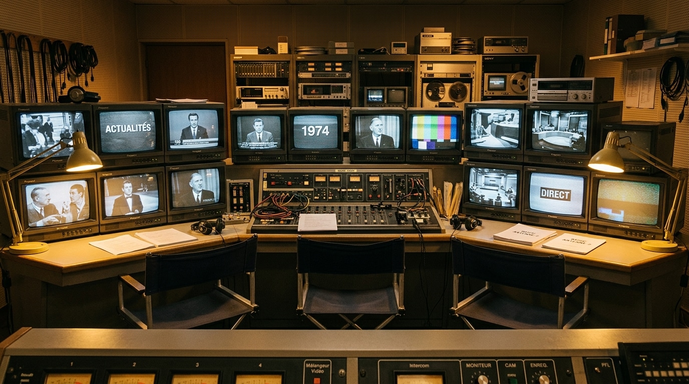 Studio de télévision vintage avec écrans d'archives historiques