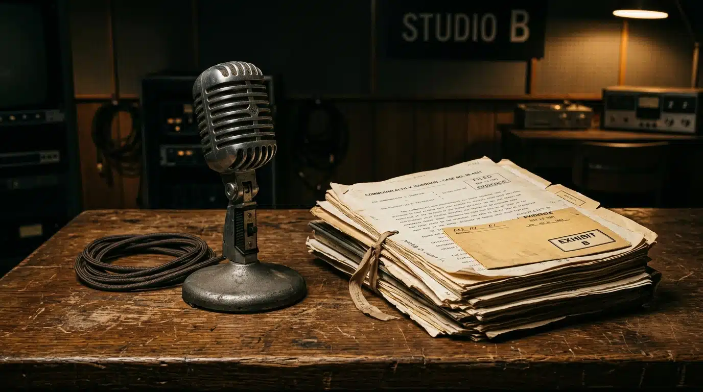 Microphone de plateau télé vintage et documents judiciaires posés sur un bureau en bois