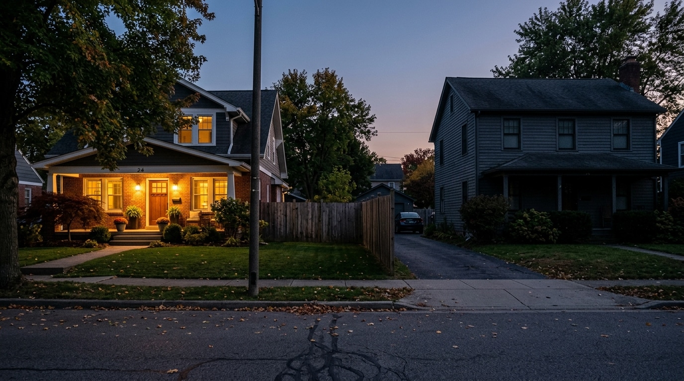 Rue résidentielle calme au crépuscule, clôture entre deux maisons voisines