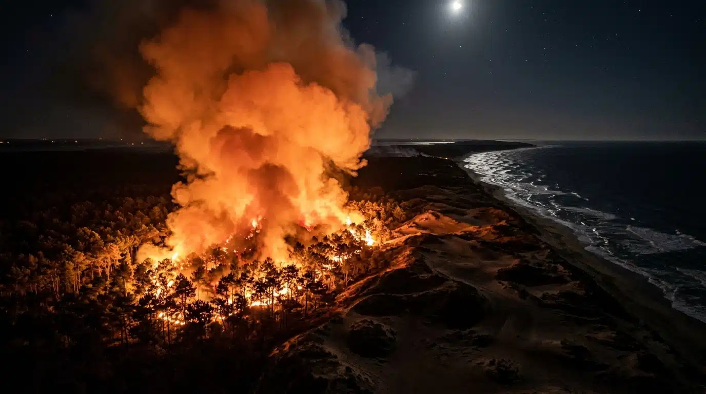 Incendie de forêt au Cap Ferret, épais nuage de fumée obscurcissant le ciel au-dessus des pins