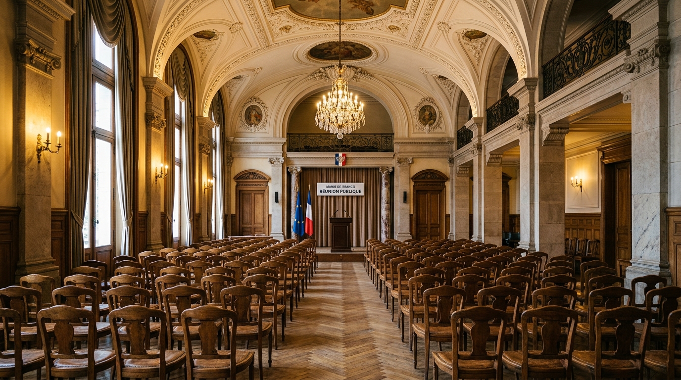 Salle des mariages vide préparée pour une réunion publique à Saint-Denis