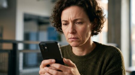 Utilisateur inquiet tenant un smartphone à écran sombre