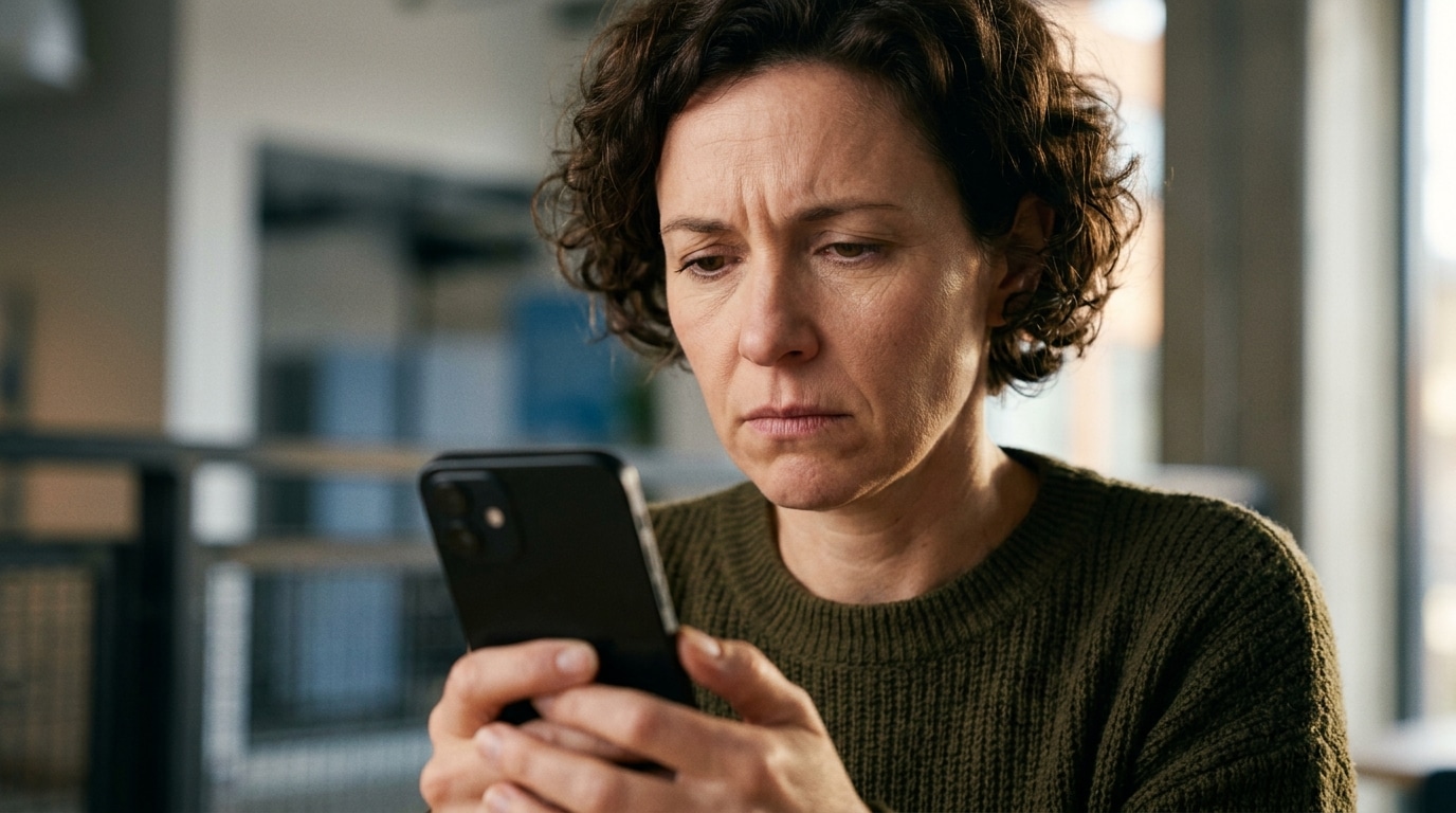 Utilisateur inquiet tenant un smartphone à écran sombre