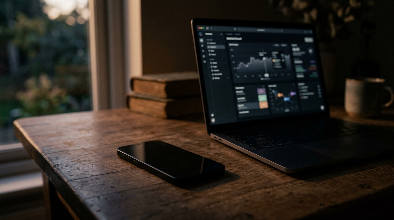 Smartphone posé sur un bureau dans la pénombre
