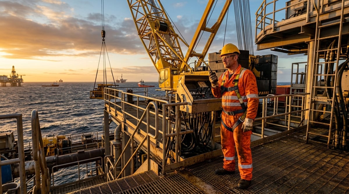 Opérateur de grue mobile sur plateforme industrielle offshore