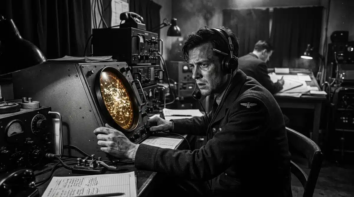 Opérateur radar face à un écran saturé de faux échos