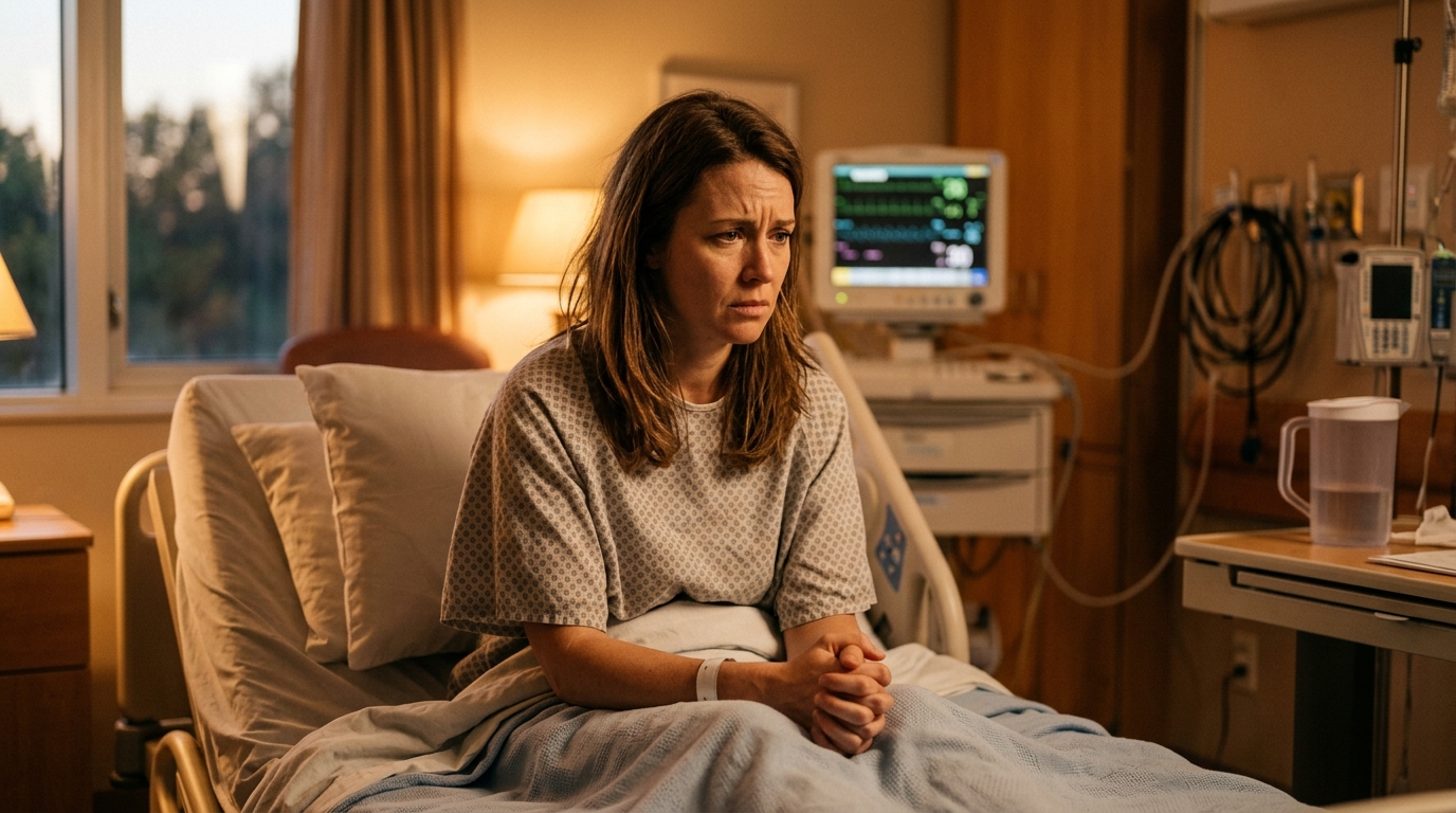 Patiente anxieuse dans un lit d'hôpital après son opération