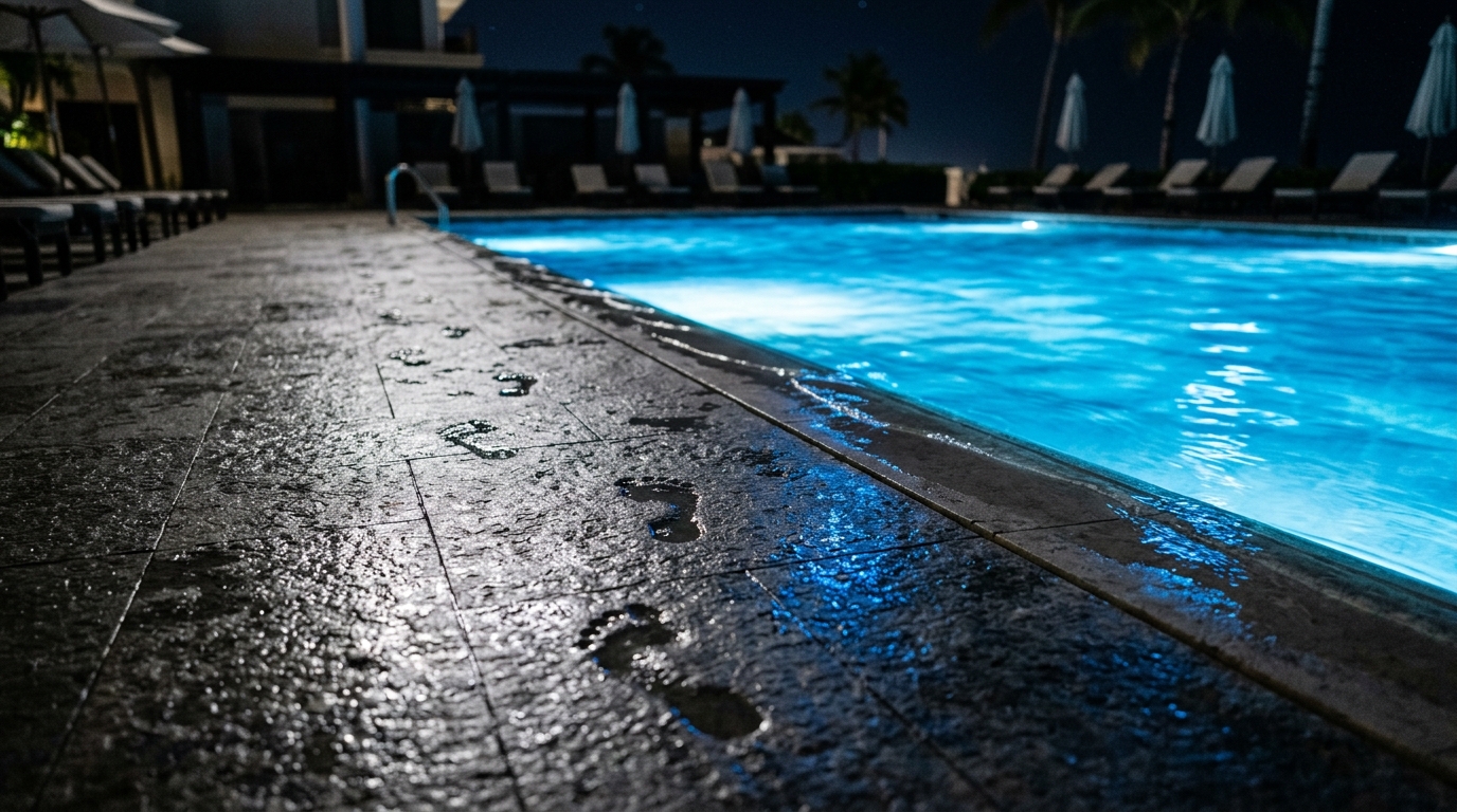 Traces de pas mouillés au bord d'une piscine la nuit